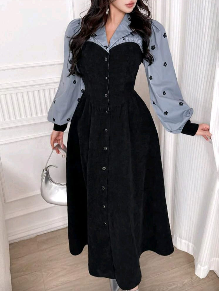 Chic Contrast Button-Down Midi Dress